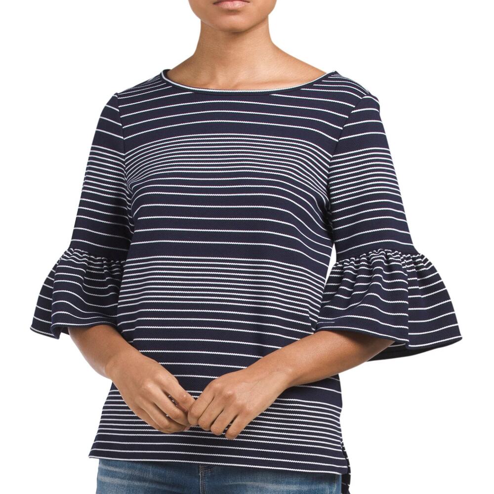 Max Studio‎ Women’s Small Navy White Striped Ruffle Bell Sleeve Top